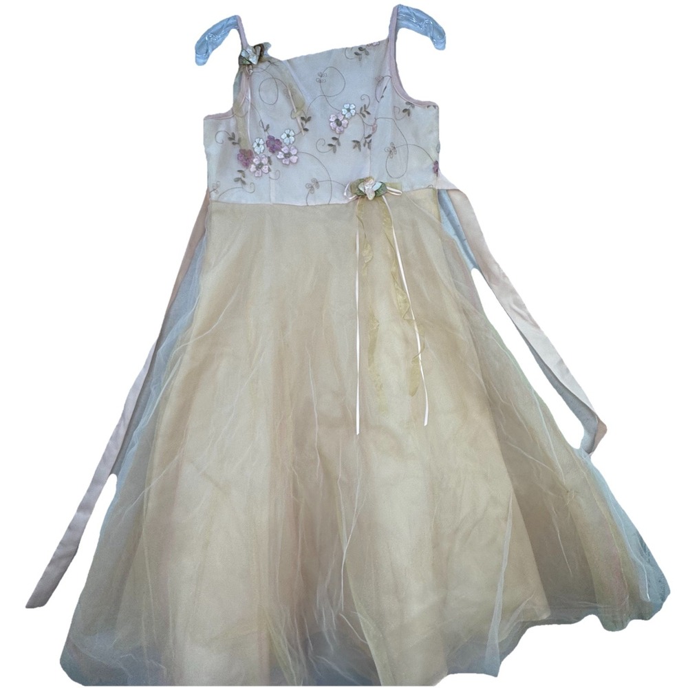 Y2K Fairy Garden Dress Women's Small Embroidered Tulle Champagne Dainty Whimsy